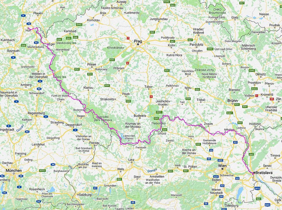 Radstrecke (ca. 900 km) - Deutschland, Tschechien, Österreich, Slowakei -  Fahrrichtung und Etappen siehe unter Navigation